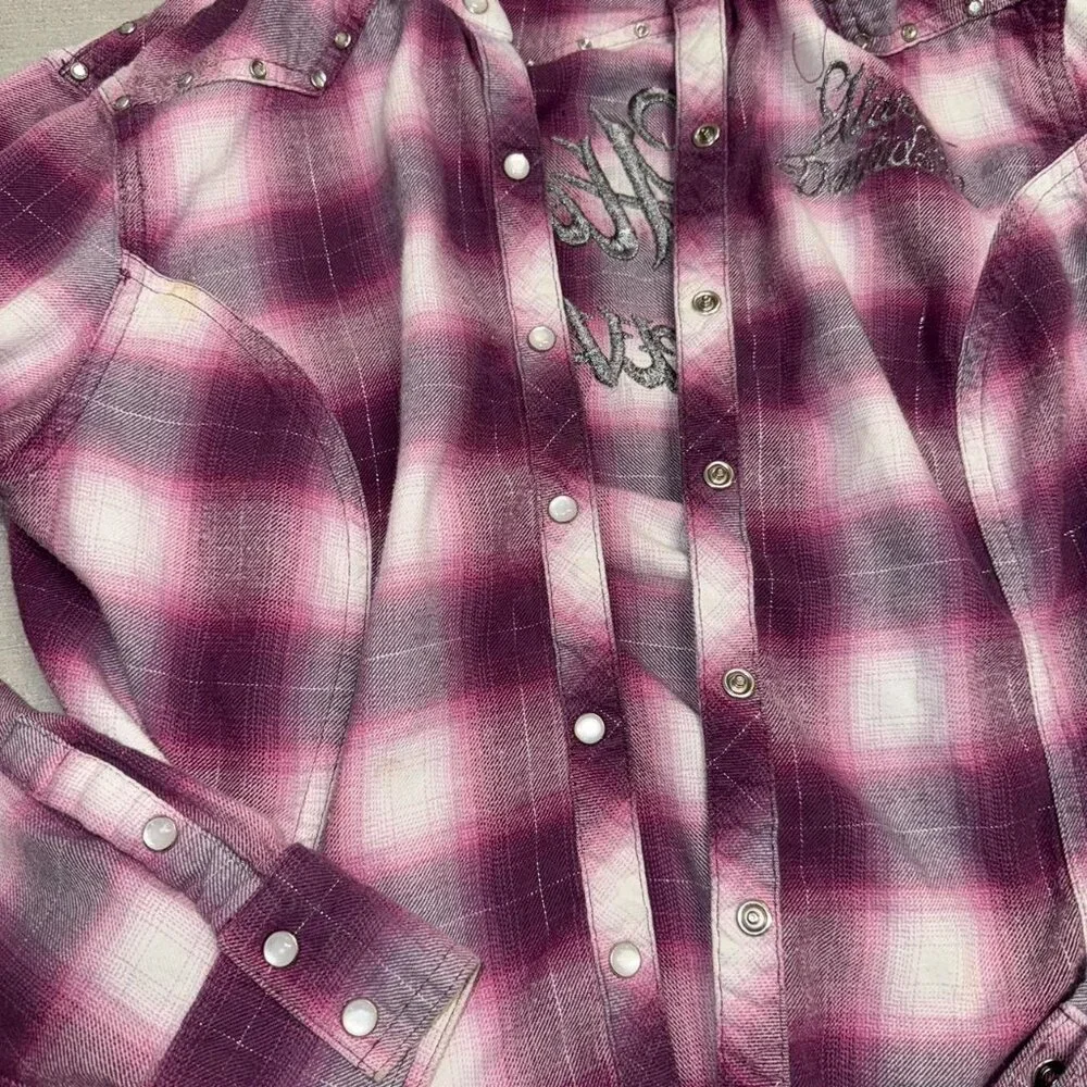 Harley Davidson purple plaid long sleeve shirt - Picture 2 of 6